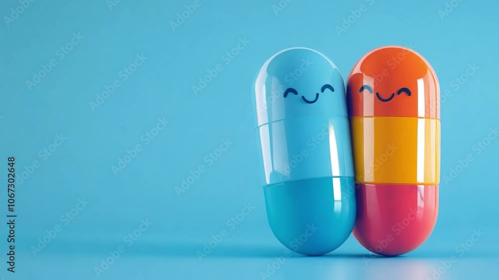 Two smiling medication capsule characters in blue and orange showcase their friendship against a bright blue background Two smiling medication capsule characters in blue and orange showcase their friendship against a bright blue background