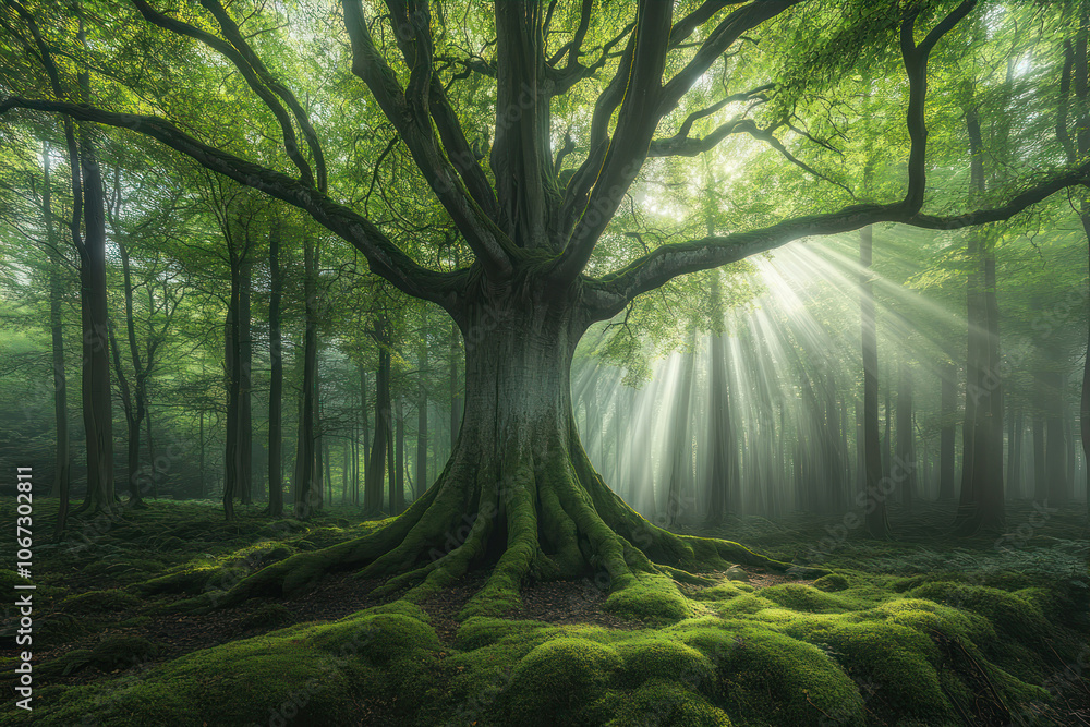 Obraz premium An Enchanting Old Forest With Sun Rays Illuminating Majestic Trees in a Mystical Atmosphere