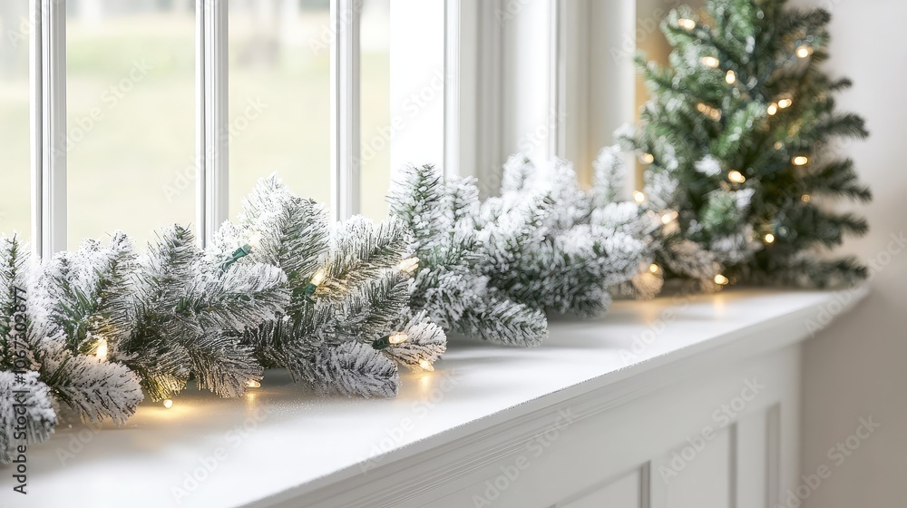 Frosted evergreen garland lightly dusted with white, draped along a windowsill with a few soft holiday lights. Frosted evergreen garland lightly dusted with white, draped along a windowsill with a few soft holiday lights.