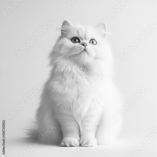 Elegant Persian Cat Portrait, showcasing a full-body view of a fluffy, flat-faced cat against a pristine white background, emphasizing its luxurious coat.