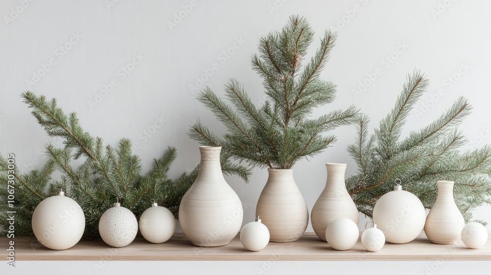 Minimalist holiday shelf decor with pine branches in ceramic vases and soft, white ornaments scattered throughout. Minimalist holiday shelf decor with pine branches in ceramic vases and soft, white ornaments scattered throughout.