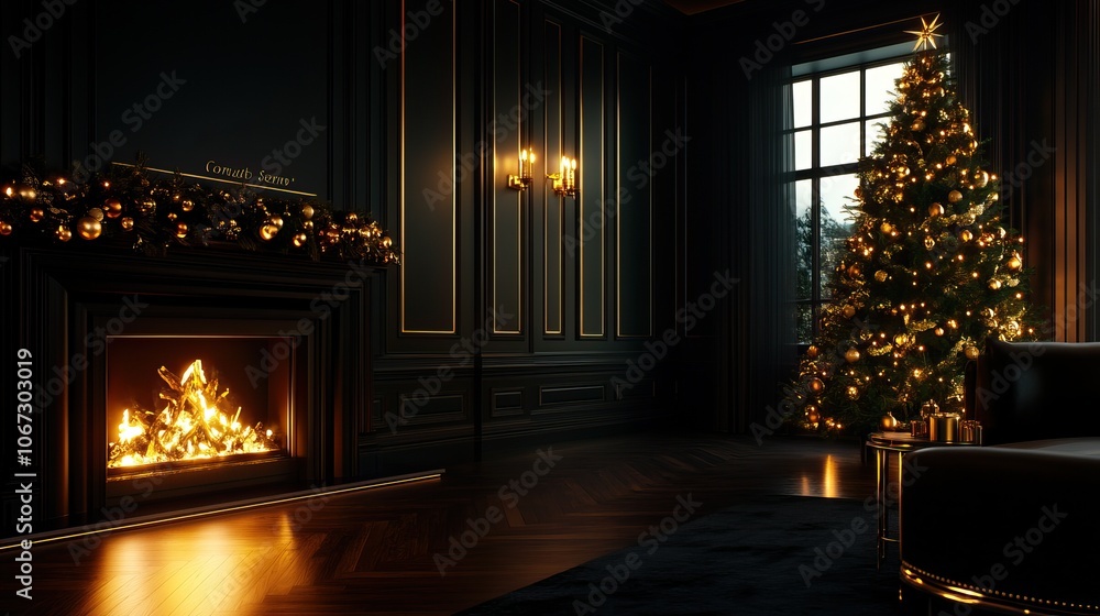 A cozy, dimly lit room features a beautifully decorated Christmas tree beside a glowing fireplace, creating a warm holiday atmosphere. A cozy, dimly lit room features a beautifully decorated Christmas tree beside a glowing fireplace, creating a warm holiday atmosphere.