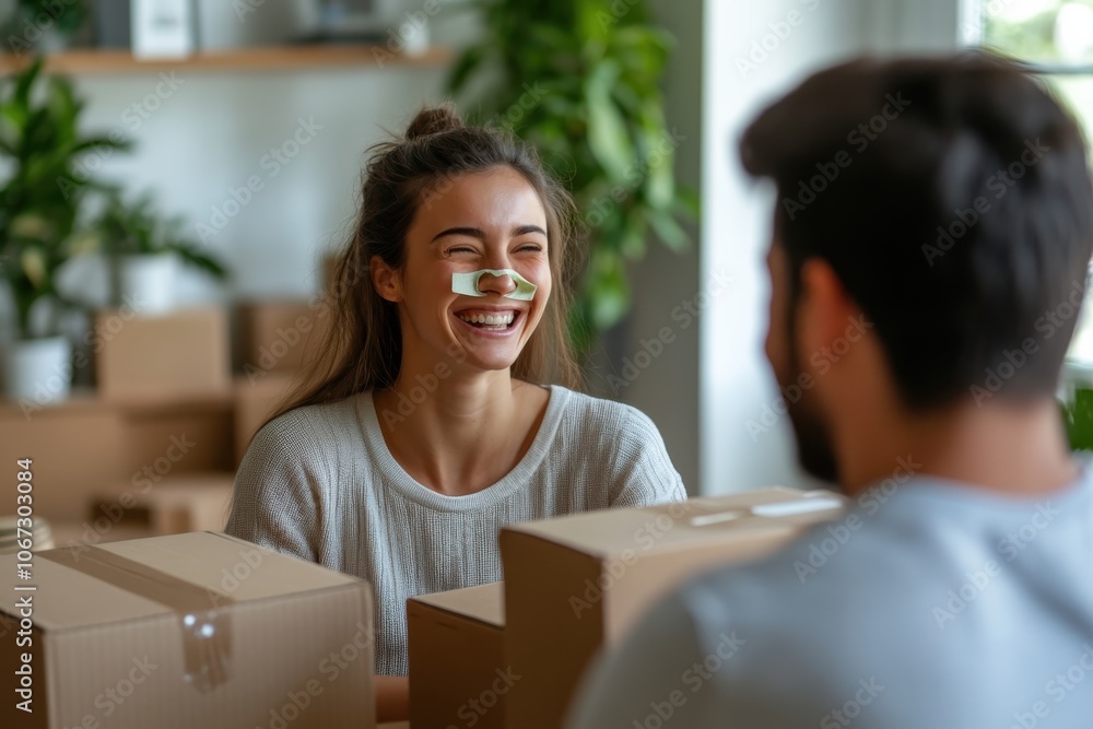 A young woman, sitting at a table surrounded by cardboard boxes, laughs heartily with a green sticky note on her nose, capturing a playful and relaxed moment. A young woman, sitting at a table surrounded by cardboard boxes, laughs heartily with a green sticky note on her nose, capturing a playful and relaxed moment.
