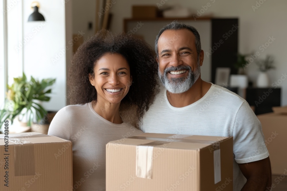 An older couple stands arm in arm in a beautifully lit room, each holding a cardboard box. They smile warmly, embodying a sense of contentment and achievement. An older couple stands arm in arm in a beautifully lit room, each holding a cardboard box. They smile warmly, embodying a sense of contentment and achievement.
