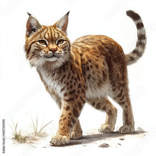 Pixiebob Cat Displaying Unique Features, Full-body pose showcasing rugged coat and bobbed tail against a pristine white backdrop