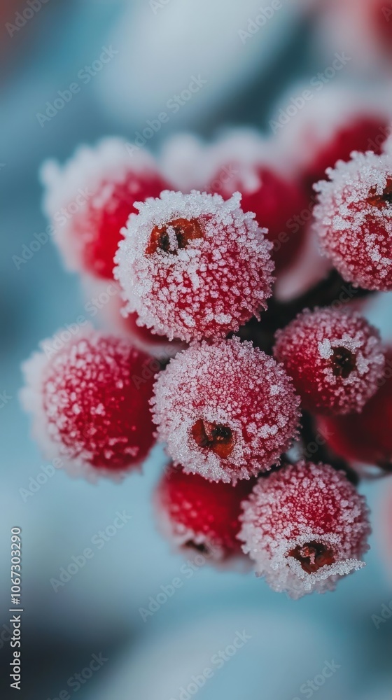 Frozen red Viburnum berries covered with snow, winter nature and frosty scene Frozen red Viburnum berries covered with snow, winter nature and frosty scene