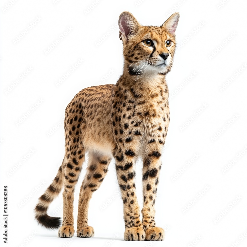 Savannah Cat Elegance, A tall, lean full-body Savannah cat with a spotted coat stands gracefully against a pristine white background, showcasing its exotic allure. Savannah Cat Elegance, A tall, lean full-body Savannah cat with a spotted coat stands gracefully against a pristine white background, showcasing its exotic allure.