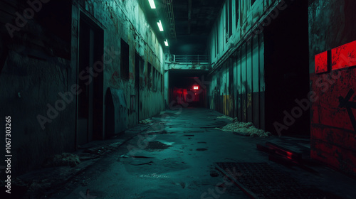 A dimly lit, decayed hallway with red exit sign and industrial design, evoking a haunting, cinematic atmosphere