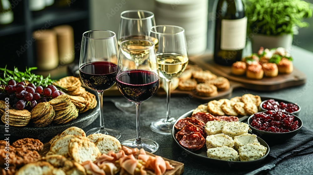 Glasses of red and white wine are arranged on a table with various appetizers for a wine tasting party Glasses of red and white wine are arranged on a table with various appetizers for a wine tasting party