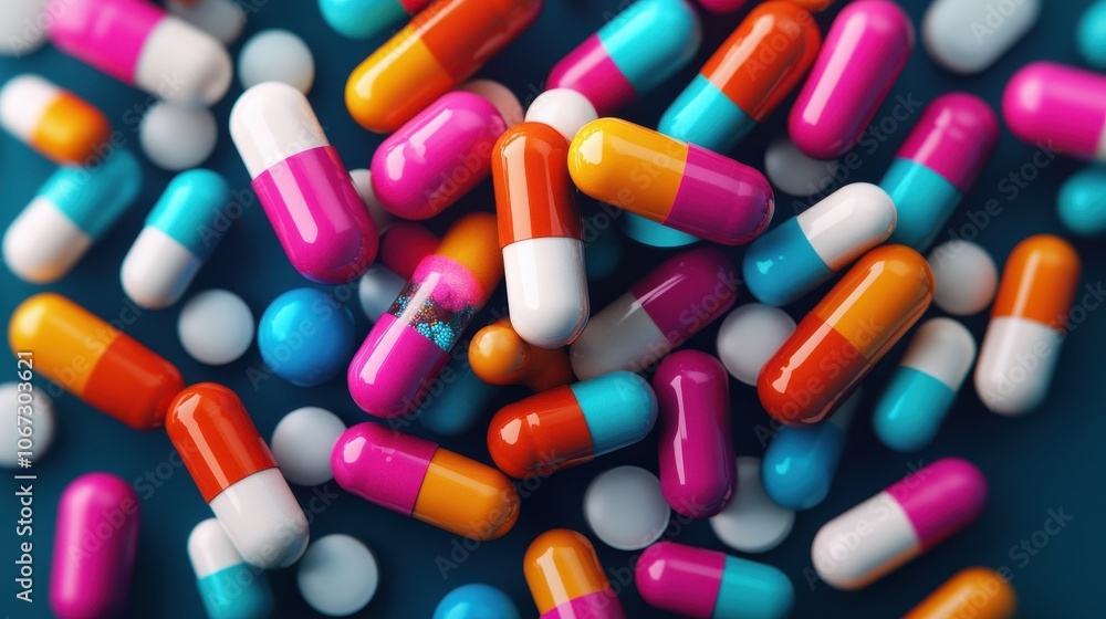 Colorful Capsules and Tablets on Vibrant Background Colorful Capsules and Tablets on Vibrant Background