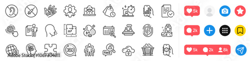 No hearing, Vitamin b6 and 360 degrees line icons pack. Social media icons. Veins, Stress, Employees talk web icon. Job interview, Group, Timer pictogram. Coal trolley, Puzzle, Floor plan. Vector