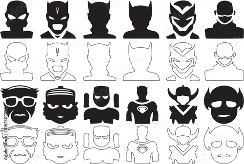 Face masque and masking silhouette gaming cartoon. Comic book mask collection for profile, avatar, gaming and sign up.