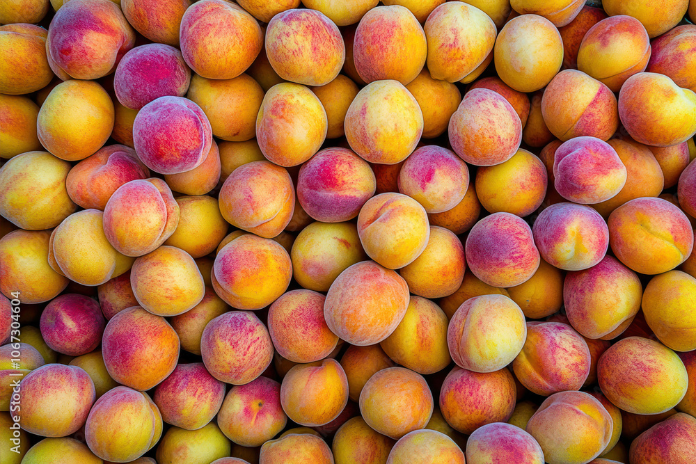 Fresh Peaches Stacked High at a Local Market in Summer, Showcasing Their Vibrant Colors Fresh Peaches Stacked High at a Local Market in Summer, Showcasing Their Vibrant Colors
