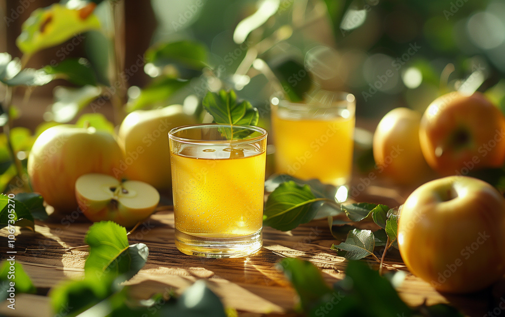 Refreshing golden apple juice garnished with fresh leaves and apples on a sunny table Refreshing golden apple juice garnished with fresh leaves and apples on a sunny table