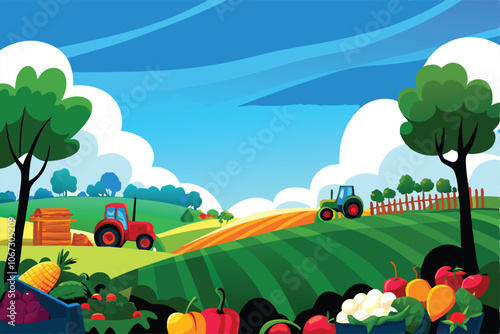 A vibrant vector background depicting a colorful assortment of fresh fruits and vegetables arranged in a farm setting.