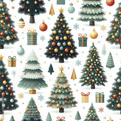 Seamless pattern with christmas trees and decorations.