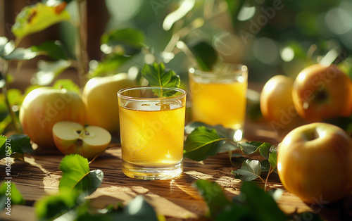 Refreshing golden apple juice garnished with fresh leaves and apples on a sunny table