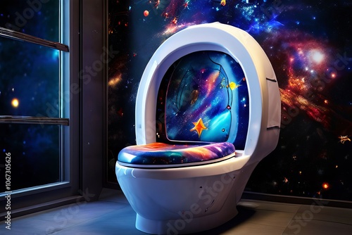 a toilet with a space exploration inspired design featuring a st photo