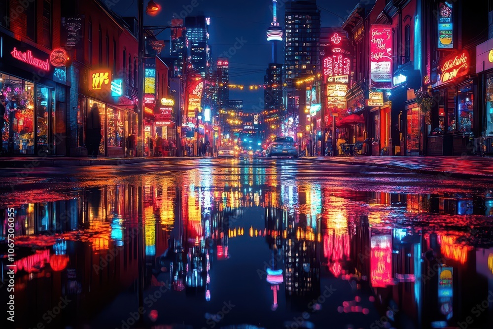lively city street at night bursting with colorful lights and bustling activity reflections in puddles create an urban tapestry embodying the vibrant life of the city lively city street at night bursting with colorful lights and bustling activity reflections in puddles create an urban tapestry embodying the vibrant life of the city