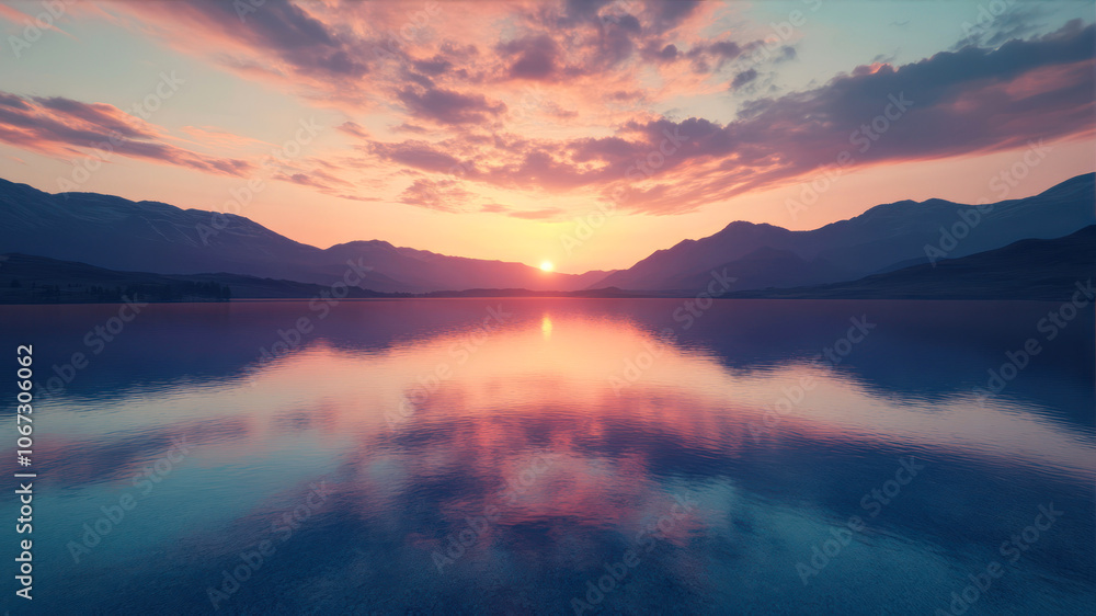 Majestic Sunrise Over Serene Mountains Reflecting in Calm Waters Majestic Sunrise Over Serene Mountains Reflecting in Calm Waters