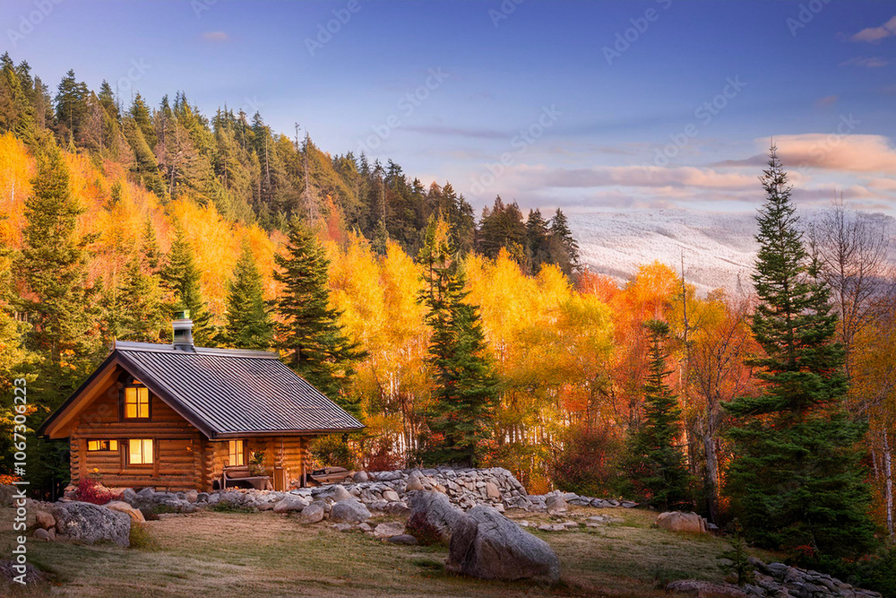Cozy Cabin Amidst Vibrant Autumn Foliage with Snow-Capped Mountains in the Background Cozy Cabin Amidst Vibrant Autumn Foliage with Snow-Capped Mountains in the Background