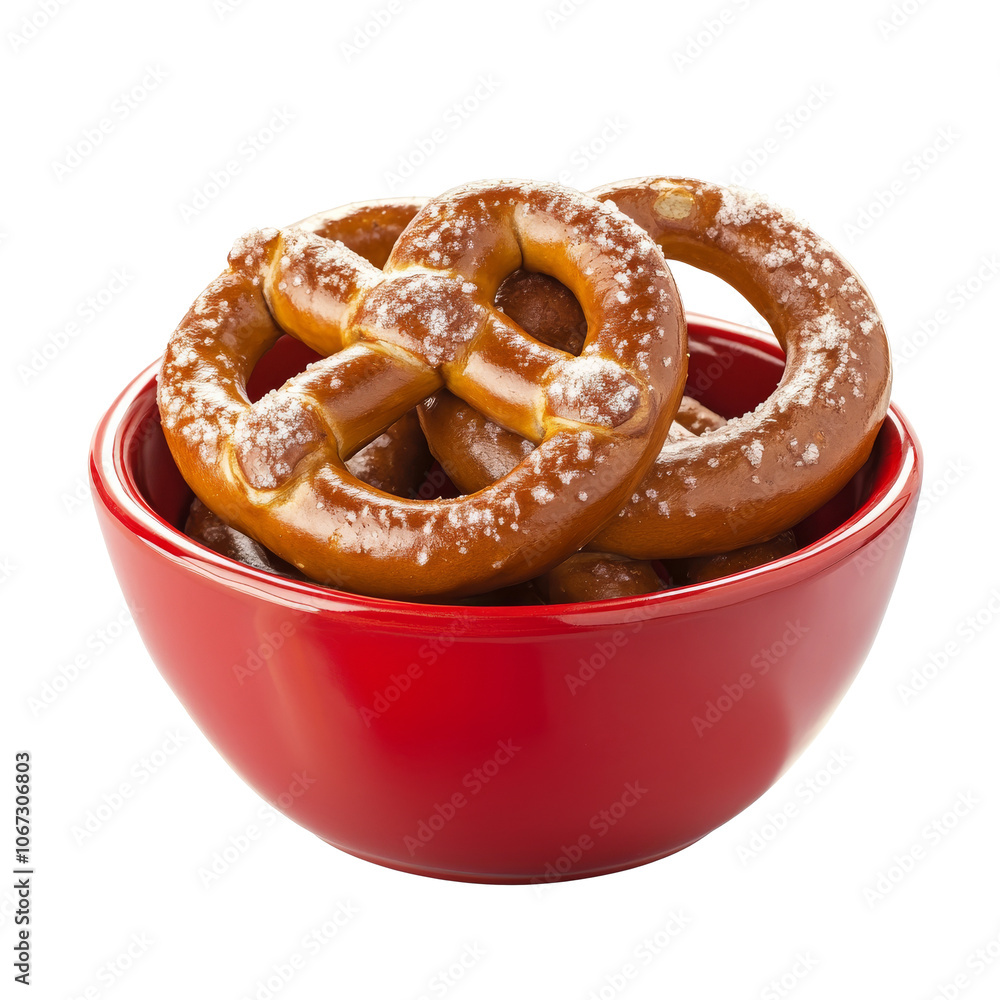 Soft pretzels served in a red bowl for snacking Soft pretzels served in a red bowl for snacking