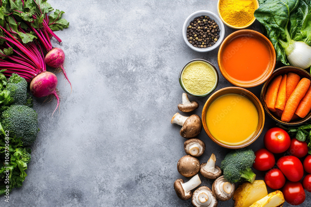 Colorful Bowls Filled With Fresh Vegetables and Spices Arranged on a Textured Gray Surface Colorful Bowls Filled With Fresh Vegetables and Spices Arranged on a Textured Gray Surface