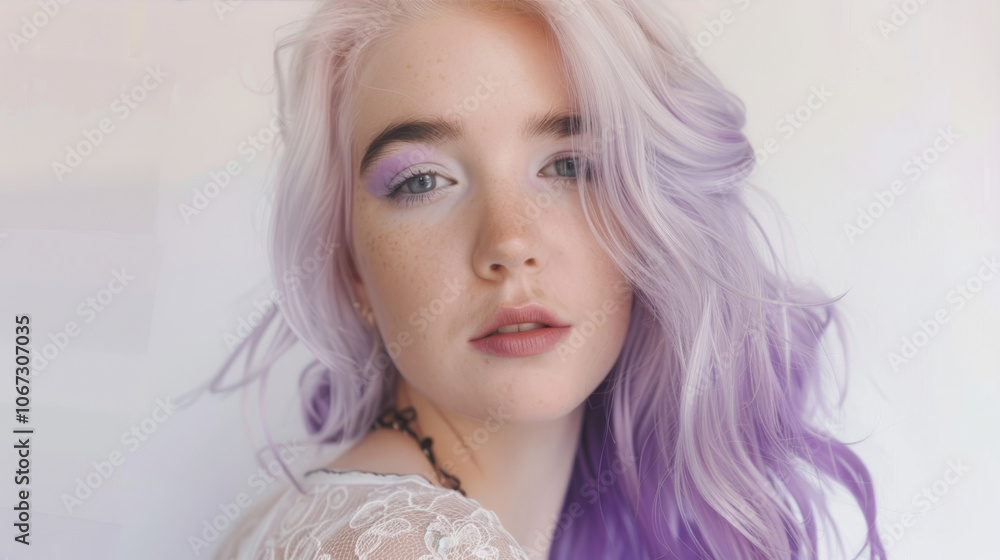 Photo of a woman with pastel lilac hair lavender eye Photo of a woman with pastel lilac hair lavender eye