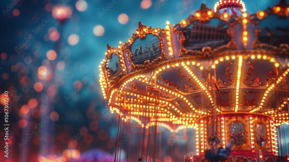 Obraz premium Vibrant Carousel at Night with Colorful Lights and Bokeh Background in Amusement Park