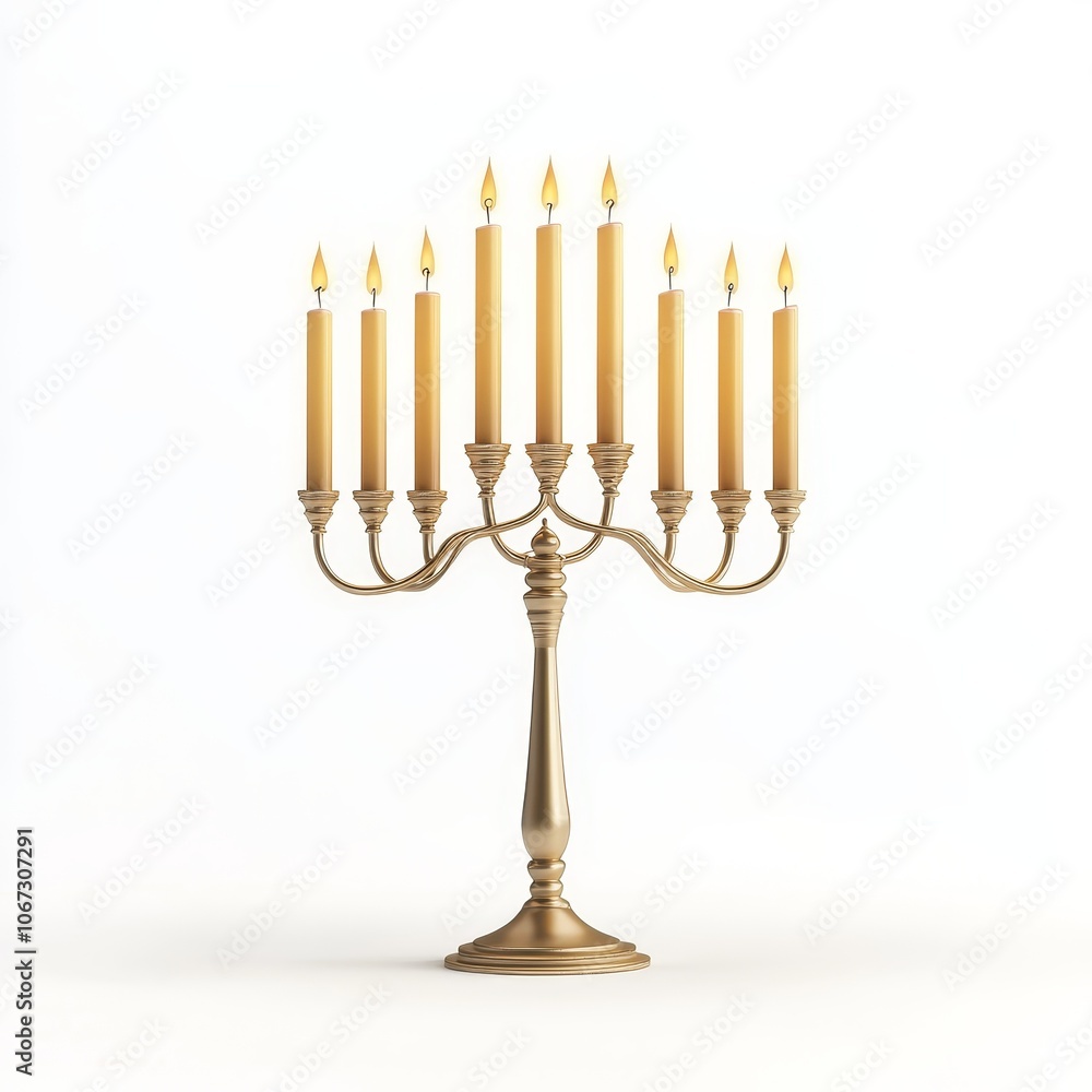 Golden Menorah with Candles, symbol of Jewish tradition, intricately designed, illuminated against a clean white backdrop, festive and meaningful Golden Menorah with Candles, symbol of Jewish tradition, intricately designed, illuminated against a clean white backdrop, festive and meaningful