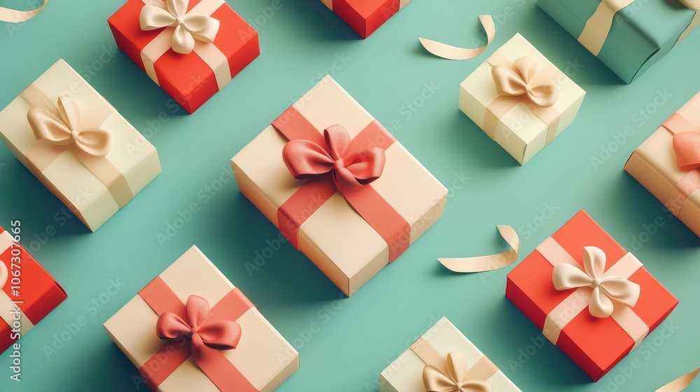 Holiday-themed pattern of retro gift boxes in bold colors, with ribbons and bows creating a seamless design. Holiday-themed pattern of retro gift boxes in bold colors, with ribbons and bows creating a seamless design.