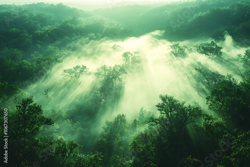 Sunbeams illuminate a misty green forest canopy