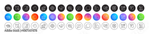 24h service, Loyalty points and New products line icons. Round icon gradient buttons. Pack of Approved, Card, People talking icon. Food delivery, Petrol station, Report pictogram. Vector