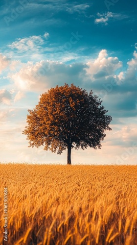 Golden hour glow, solitary tree stands tall in vast field under dramatic clouds, evoking tranquility and solitude in nature's embrace