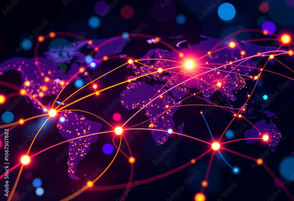 global network display With flowing lines and bright colors connecting continents and business centres. The glowing dots symbolize information transfer and international cooperation. global network display With flowing lines and bright colors connecting continents and business centres. The glowing dots symbolize information transfer and international cooperation.