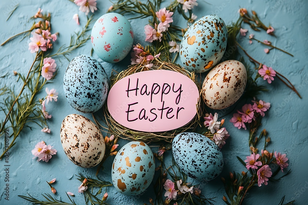 Obraz premium Easter eggs and spring flowers on blue background