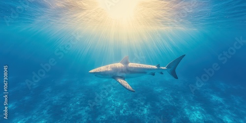 Wallpaper Mural Shark swimming underwater with sunbeams Torontodigital.ca