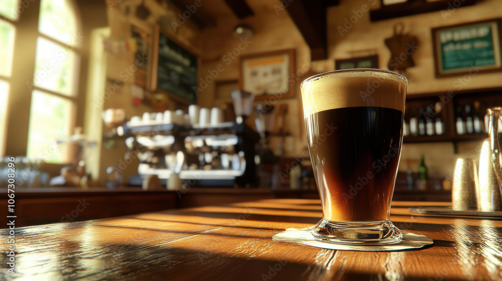 Rustic Brewery Bar Scene with Freshly Poured Dark Ale in Sunlit Ambiance for Beverage Promotion. Generative ai Rustic Brewery Bar Scene with Freshly Poured Dark Ale in Sunlit Ambiance for Beverage Promotion. Generative ai