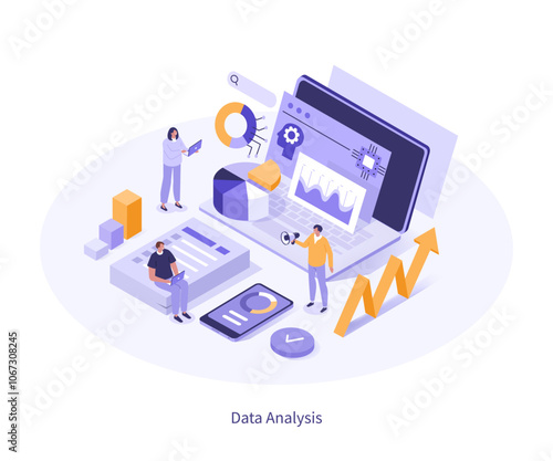 Data analysis concept. Characters using ai analytics to analyzing business data. Deep learning, artificial intelligence, algorithm, generative tool infographic template. Isometric vector illustration.
