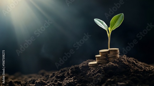 Seedling Emerging from Coins, symbolizing the nurturing of financial growth through strategic investments and mindful management.