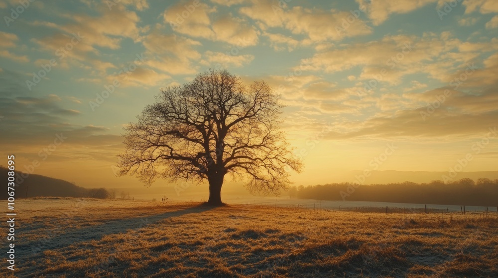 Fototapeta premium Golden hour glow, majestic silhouette of a gnarled tree standing tall in a serene snowy landscape, evoking tranquility and solitude