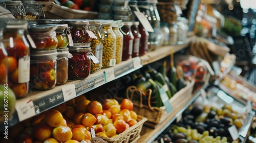 Organic market shelf with fresh produce and preserved goods