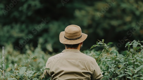 A person wearing a straw hat stands in a lush green field, facing away from the camera, immersed in nature.