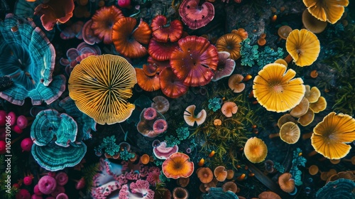 A vibrant and psychedelic forest floor covered in a variety of fungi, each mushroom displaying unique and vivid patterns photo