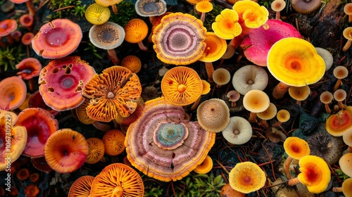 A vibrant and psychedelic forest floor covered in a variety of fungi, each mushroom displaying unique and vivid patterns photo