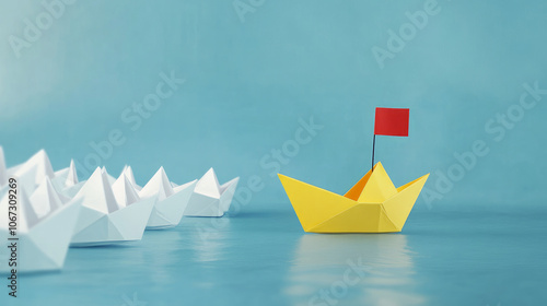 Leadership Concept with Paper Boats. Set of colorful origami ships on a blue background. Business competition, Leadership concept with yellow paper ship leading among white.
