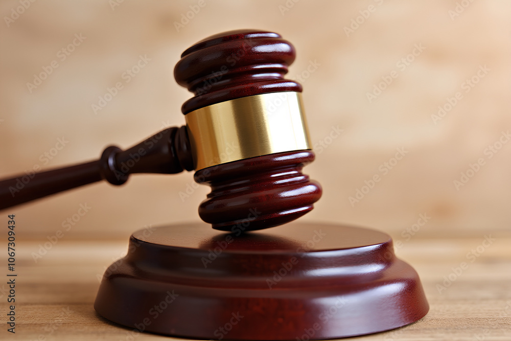 Photograph of a classic wooden judge's gavel with metal gold band, resting on a wooden sound block. For legal publications, websites and justice related design projects. Photograph of a classic wooden judge's gavel with metal gold band, resting on a wooden sound block. For legal publications, websites and justice related design projects.