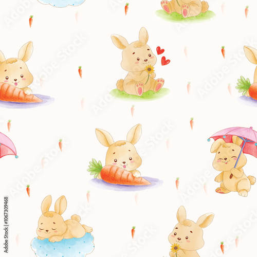 Seamless pattern of adorable cartoon rabbits with carrots in various playful poses.