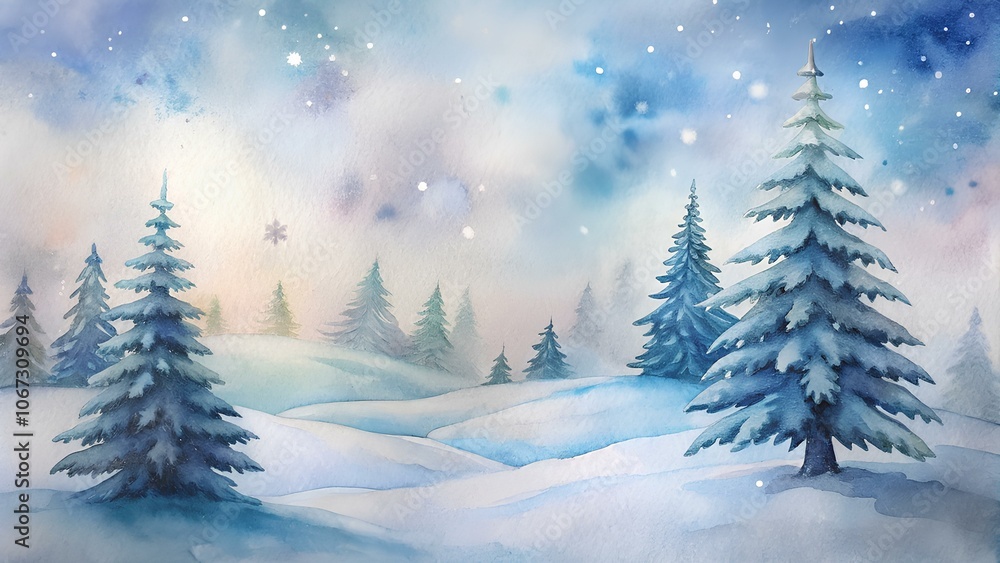 Naklejka premium Watercolor illustration of a winter forest with snow-covered christmas trees and hills, gentle blue sky. For design of greeting cards and greetings, wallpapers, advertising materials of winter goods