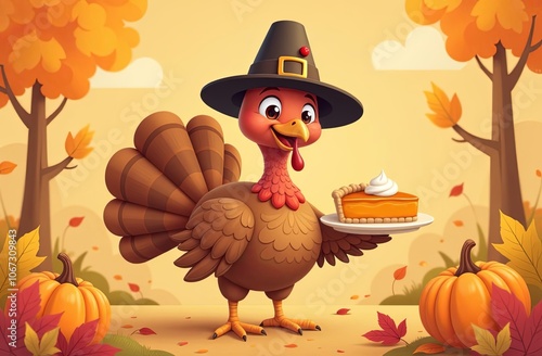 Cute Cartoon Turkey Bird Wearing Pilgrim Hat with pimpkin pie. Happy thanksgiving day. Thanksgiving food. Banner, poster or greeting card design. With pumpkins and falling leaves